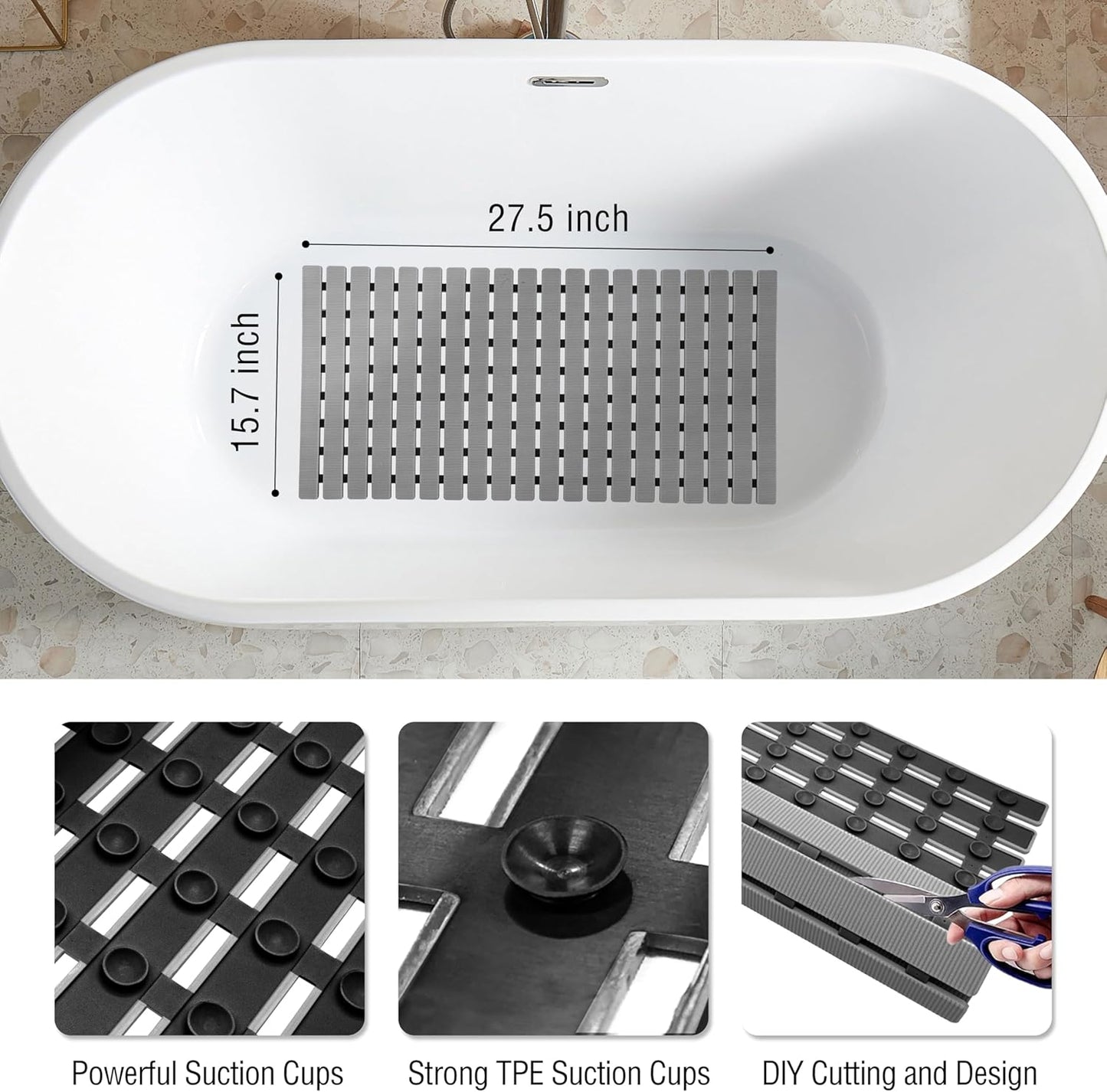 Non-Slip Bathtub Mat 27.5"x15.7" — TPE Strong Suction Cups, DIY Cutting, Quick Drain & Fast Dry, Mold Resistant Shower Mat for Tub and Bathroom