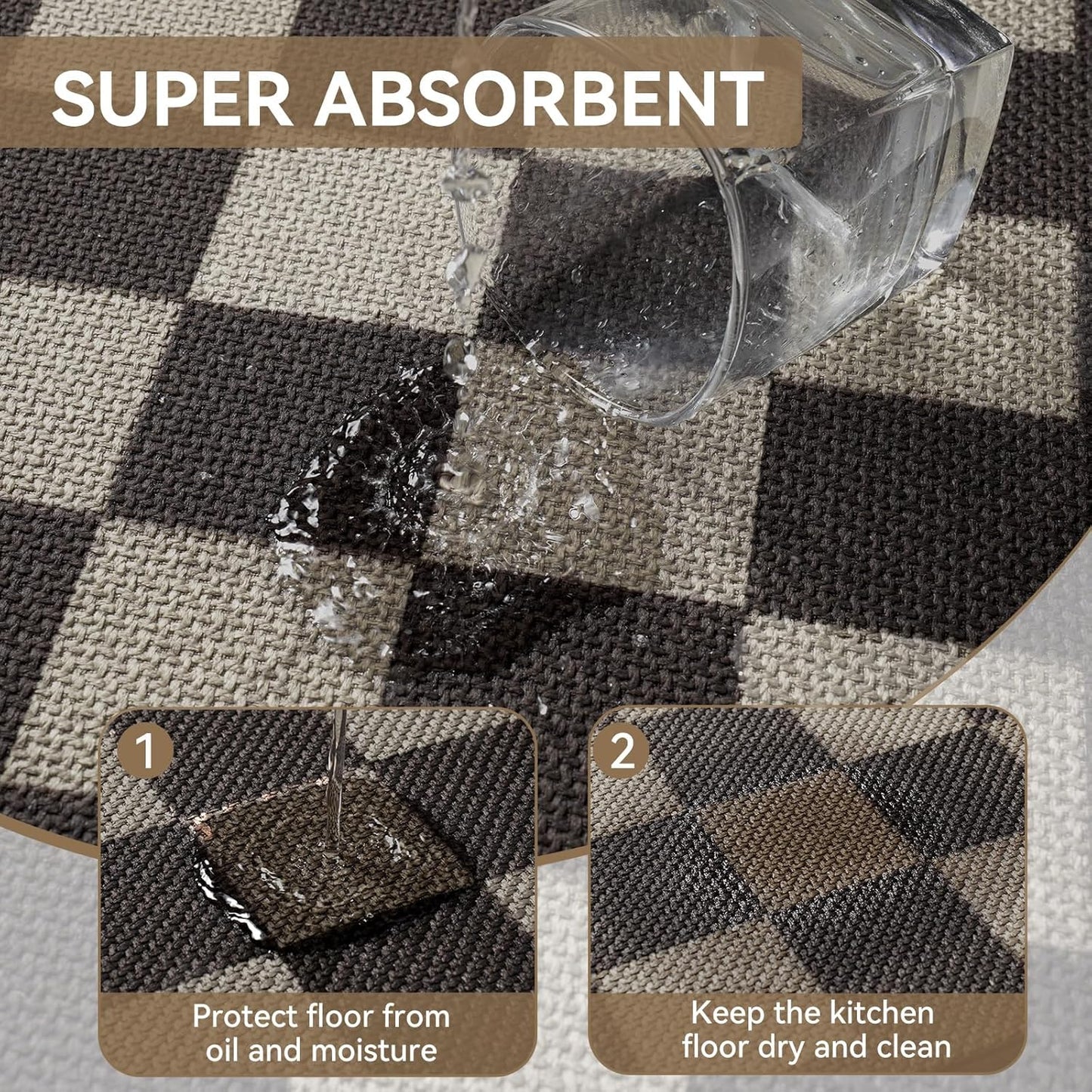 Checkered Non-Slip Floor Mat 17"x30" — Waterproof, Oil-Resistant, Quick-Dry & Easy to Clean Rectangular Rug for Kitchen, Entryway, Bathroom