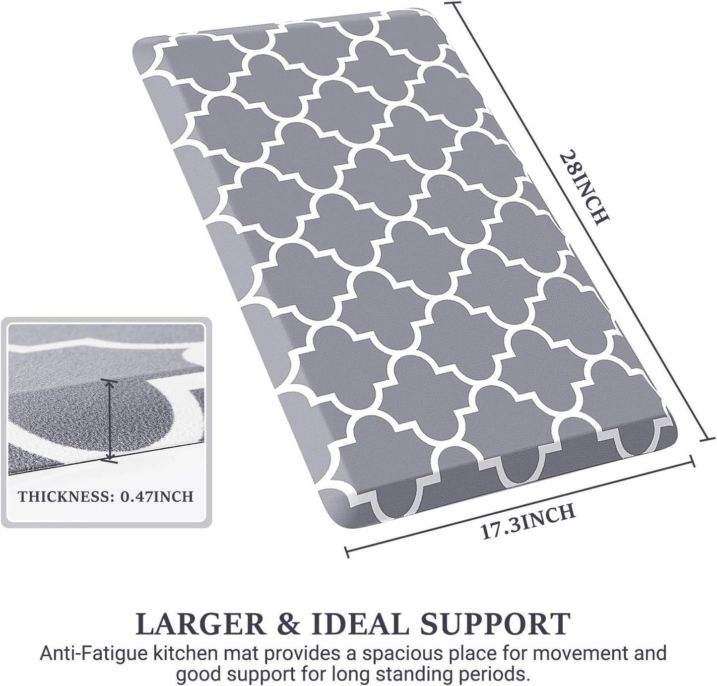 Grey Geometric Anti-Fatigue Kitchen Mat Non-Slip Cushioned Comfort Rug 28×17.3 Inch