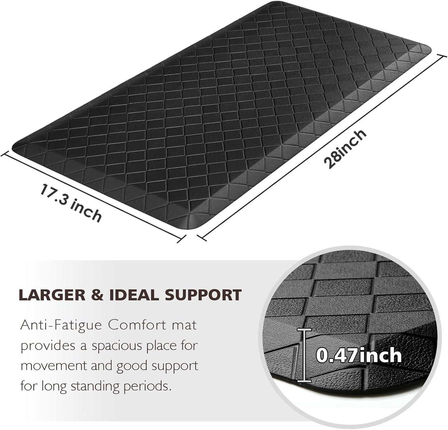 Black Anti-Fatigue Comfort Kitchen Mat 17.3"x28" Thick Cushioned Non-Slip Floor Rug for Kitchen, Office, Laundry Room