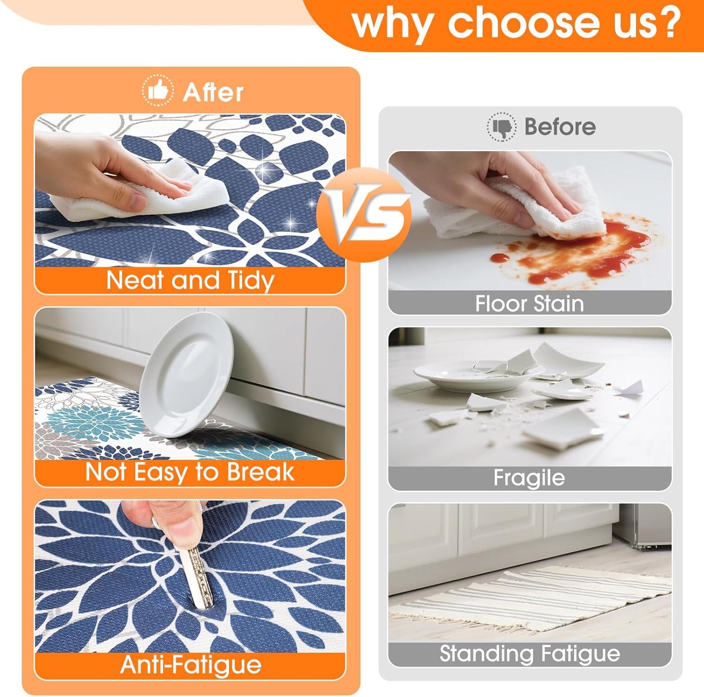 Kitchen Anti-Fatigue Floor Mat Set of 2 — 17.3"x30" & 17.3"x47" Floral Pattern Cushioned Non-Slip Rugs for Kitchen, Bathroom, Laundry Room, Hallway