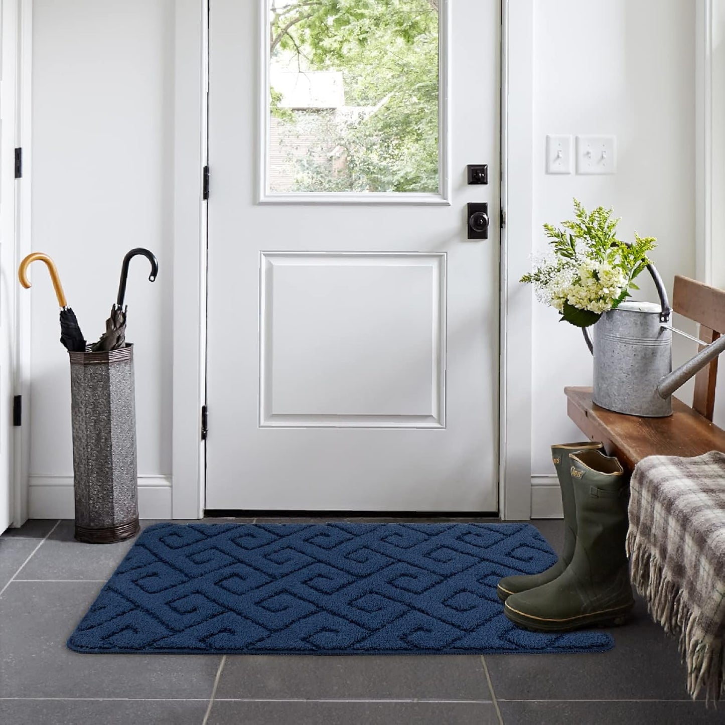 Non-Slip Absorbent Door Mat 1'8" x 2'8" Rectangular — Soft Blue Geometric Pattern Entryway Rug, Quick-Dry & Durable for Indoor/Outdoor Use
