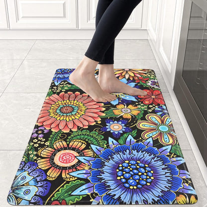 Colorful Floral Non-Slip Floor Mat 18"x30" — 0.4" Thick, Waterproof & Oil-Resistant, Quick-Dry, Soft & Durable Rug for Kitchen, Entryway, Bathroom, Balcony