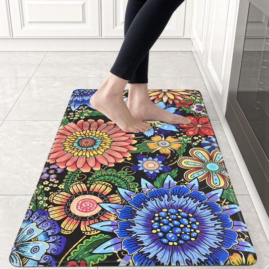 Colorful Floral Non-Slip Floor Mat 18"x30" — 0.4" Thick, Waterproof & Oil-Resistant, Quick-Dry, Soft & Durable Rug for Kitchen, Entryway, Bathroom, Balcony