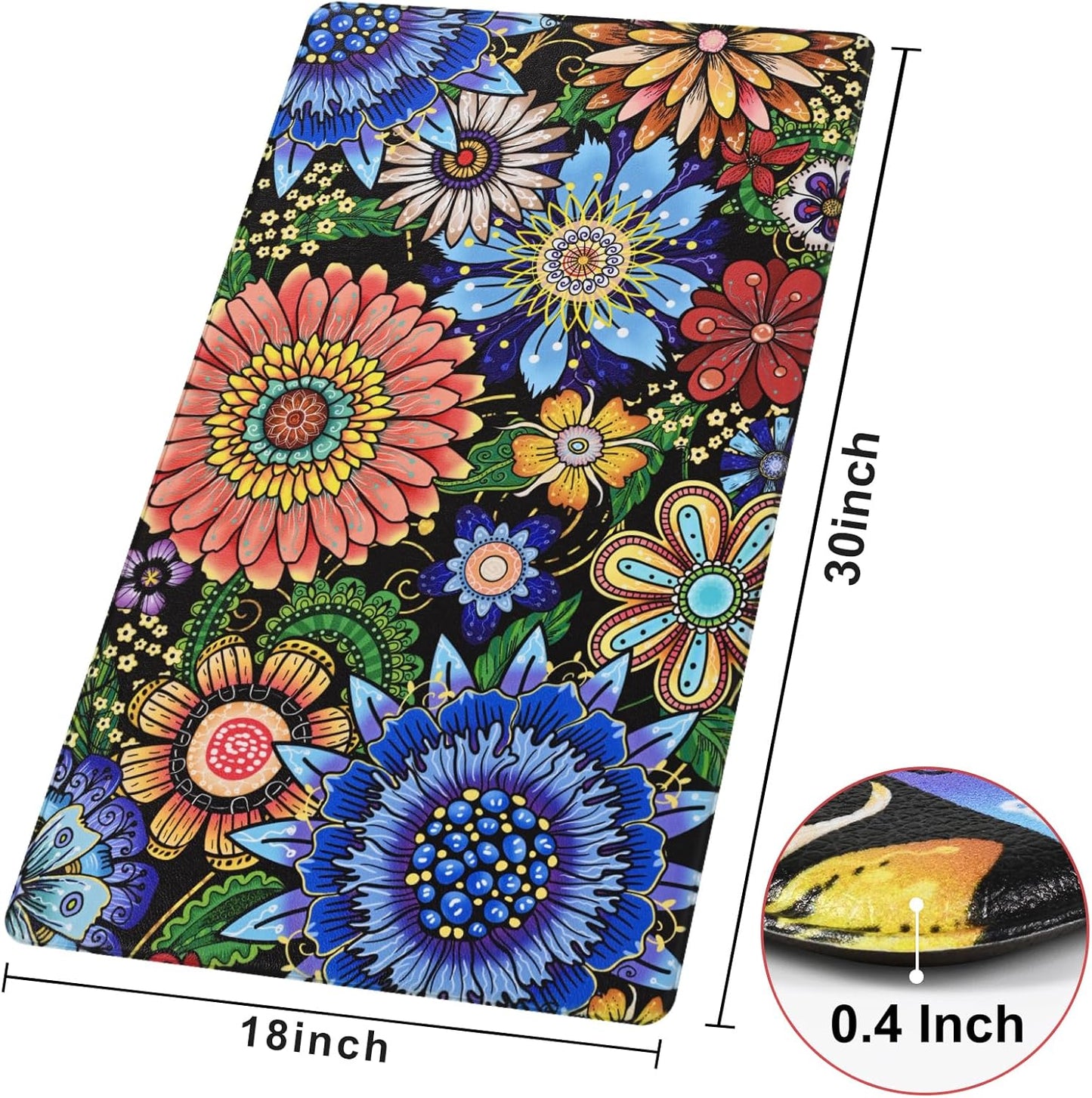 Colorful Floral Non-Slip Floor Mat 18"x30" — 0.4" Thick, Waterproof & Oil-Resistant, Quick-Dry, Soft & Durable Rug for Kitchen, Entryway, Bathroom, Balcony