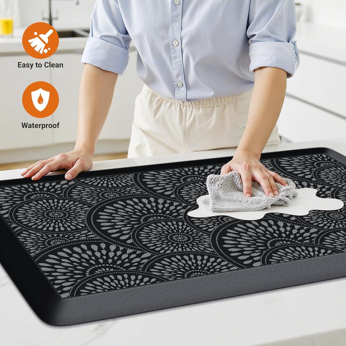 Anti-Fatigue Kitchen Mat — 17.3"x28" Rectangular, 0.47" Thick, Black Patterned Waterproof & Oil-Resistant Cushioned Rug for Kitchen, Office, Laundry Room