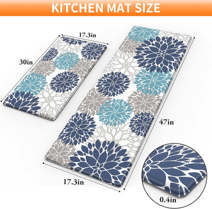 Kitchen Anti-Fatigue Floor Mat Set of 2 — 17.3"x30" & 17.3"x47" Floral Pattern Cushioned Non-Slip Rugs for Kitchen, Bathroom, Laundry Room, Hallway