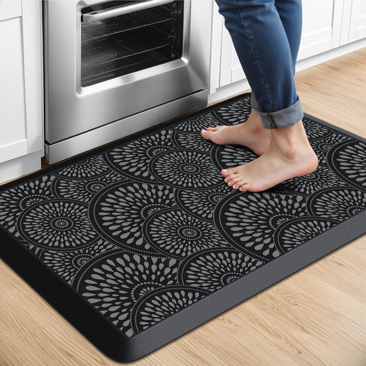 Anti-Fatigue Kitchen Mat — 17.3"x28" Rectangular, 0.47" Thick, Black Patterned Waterproof & Oil-Resistant Cushioned Rug for Kitchen, Office, Laundry Room
