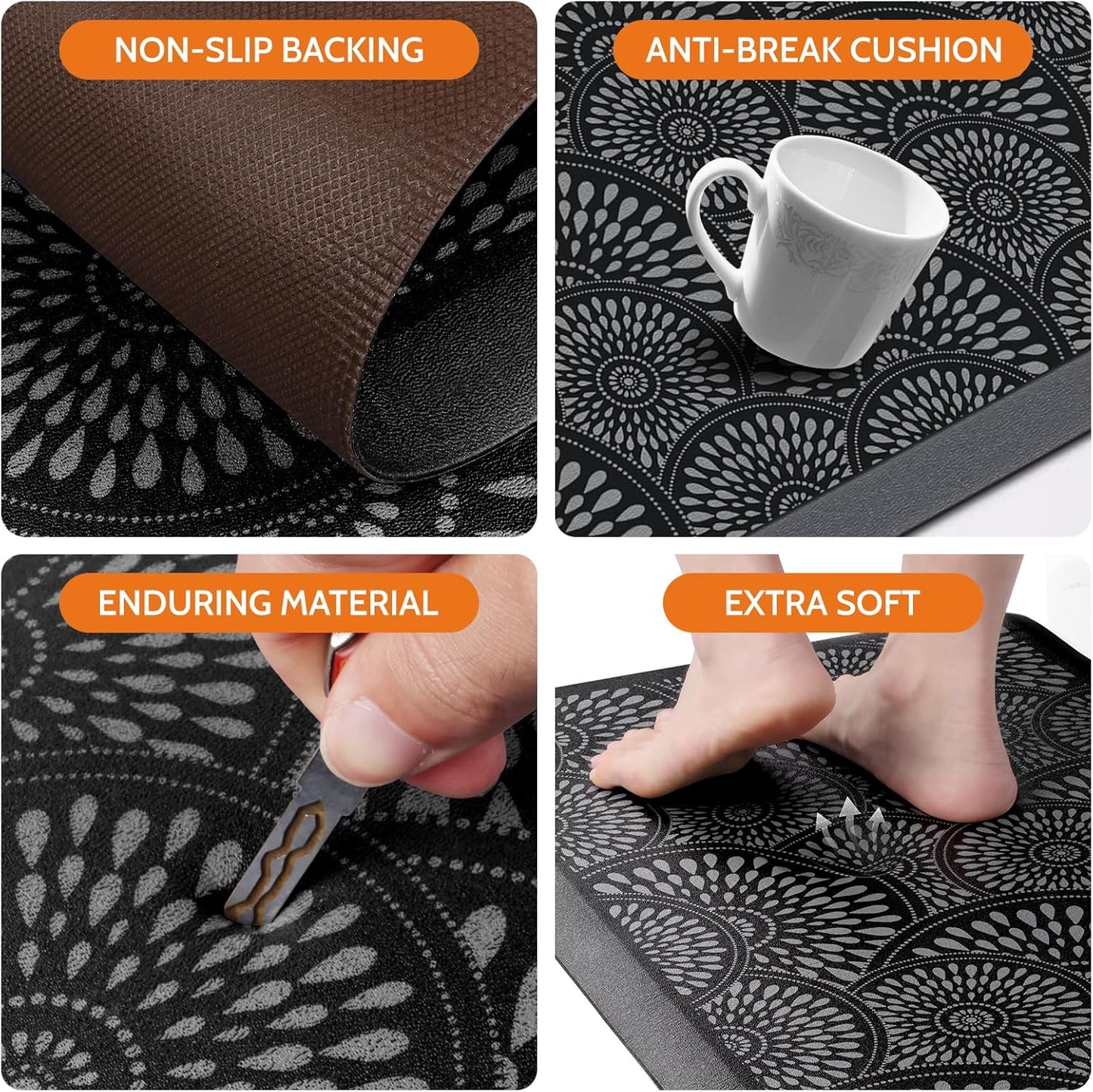 Anti-Fatigue Kitchen Mat — 17.3"x28" Rectangular, 0.47" Thick, Black Patterned Waterproof & Oil-Resistant Cushioned Rug for Kitchen, Office, Laundry Room