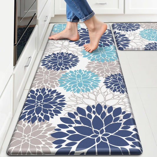 Kitchen Anti-Fatigue Floor Mat Set of 2 — 17.3"x30" & 17.3"x47" Floral Pattern Cushioned Non-Slip Rugs for Kitchen, Bathroom, Laundry Room, Hallway