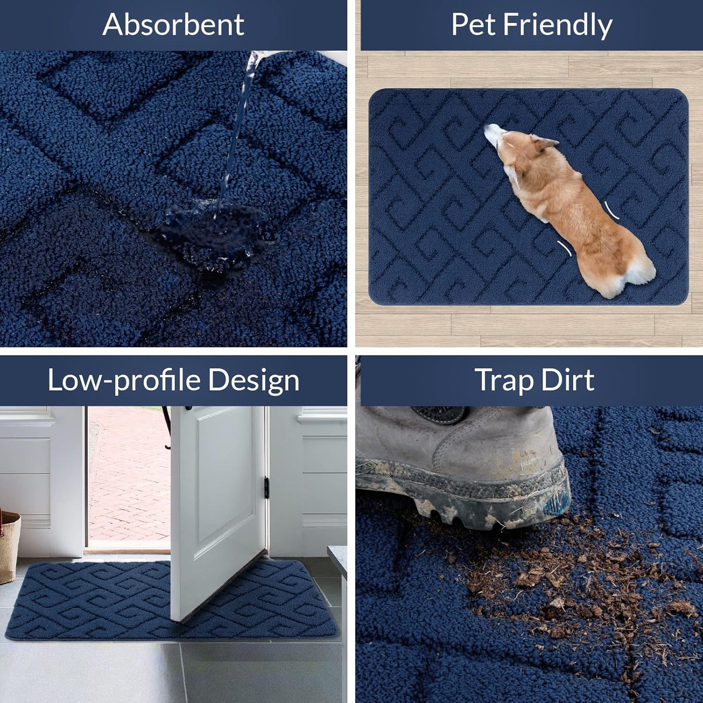 Non-Slip Absorbent Door Mat 1'8" x 2'8" Rectangular — Soft Blue Geometric Pattern Entryway Rug, Quick-Dry & Durable for Indoor/Outdoor Use