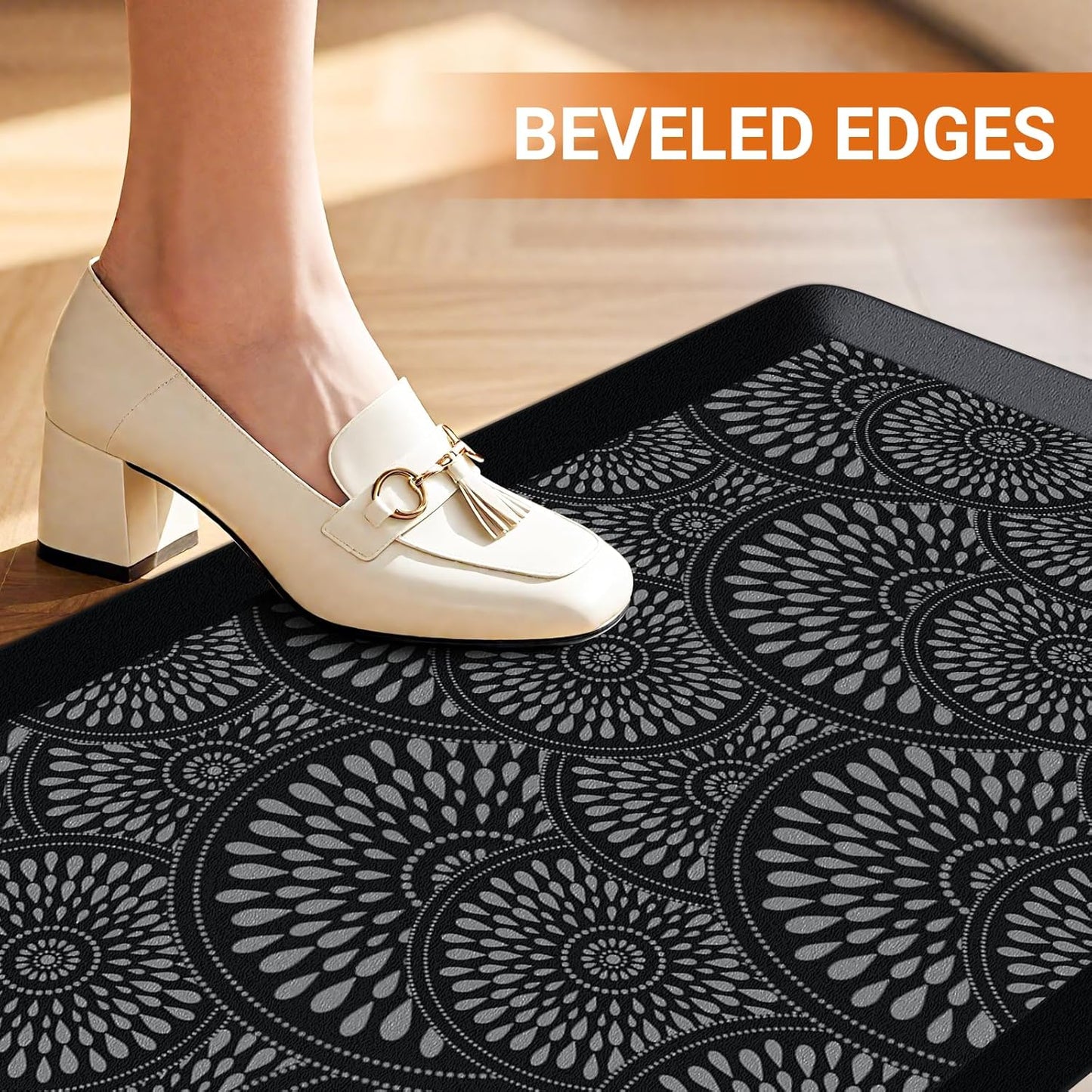 Anti-Fatigue Kitchen Mat — 17.3"x28" Rectangular, 0.47" Thick, Black Patterned Waterproof & Oil-Resistant Cushioned Rug for Kitchen, Office, Laundry Room