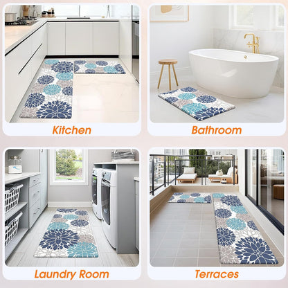 Kitchen Anti-Fatigue Floor Mat Set of 2 — 17.3"x30" & 17.3"x47" Floral Pattern Cushioned Non-Slip Rugs for Kitchen, Bathroom, Laundry Room, Hallway