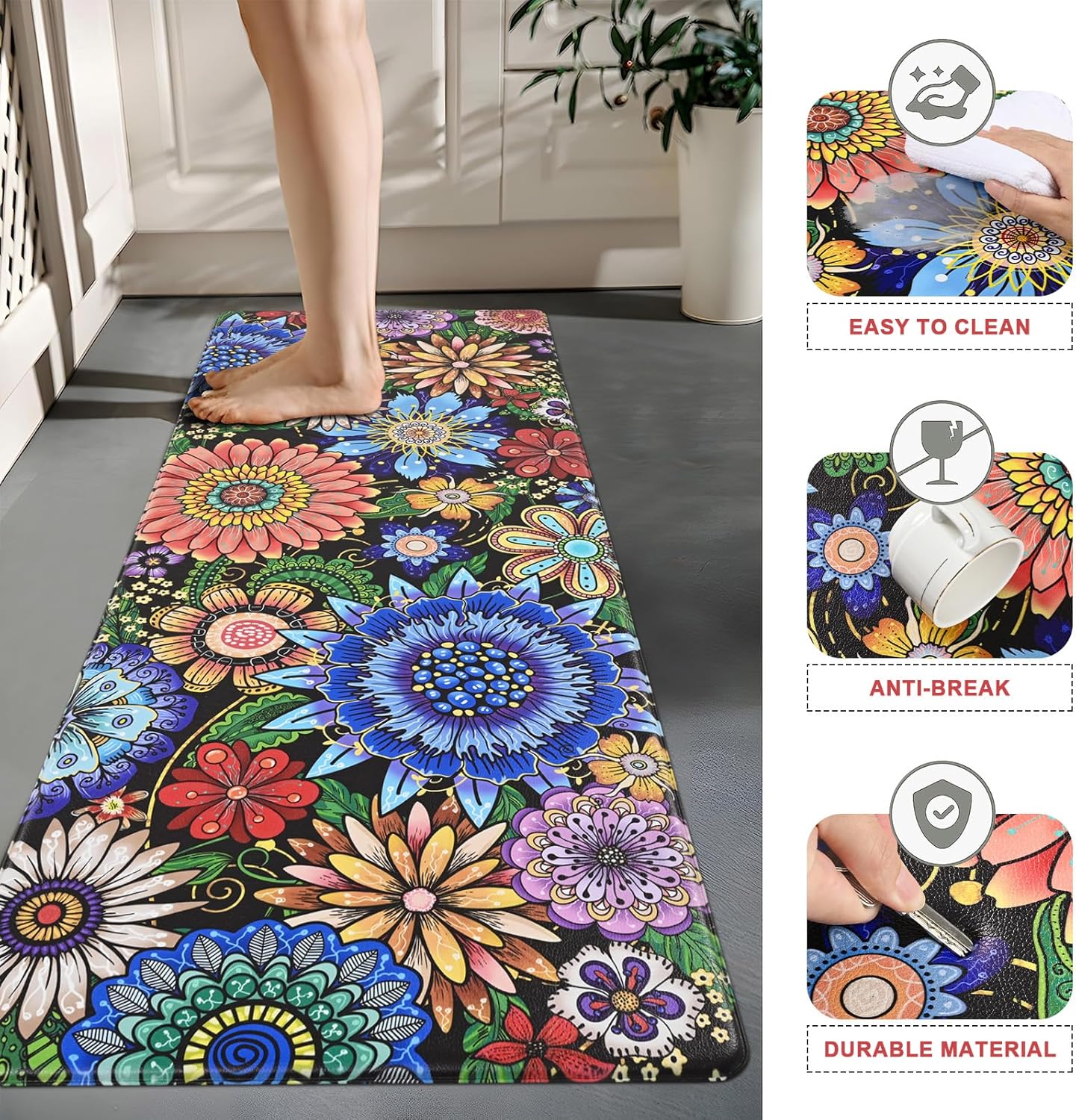 Colorful Floral Non-Slip Floor Mat 18"x30" — 0.4" Thick, Waterproof & Oil-Resistant, Quick-Dry, Soft & Durable Rug for Kitchen, Entryway, Bathroom, Balcony