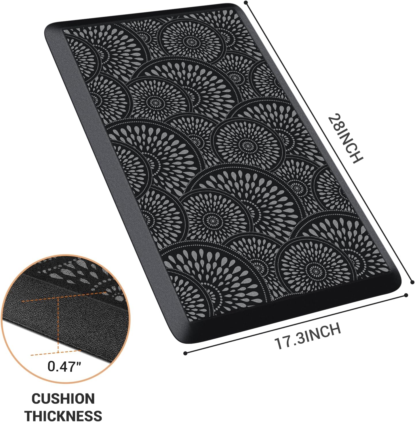 Anti-Fatigue Kitchen Mat — 17.3"x28" Rectangular, 0.47" Thick, Black Patterned Waterproof & Oil-Resistant Cushioned Rug for Kitchen, Office, Laundry Room