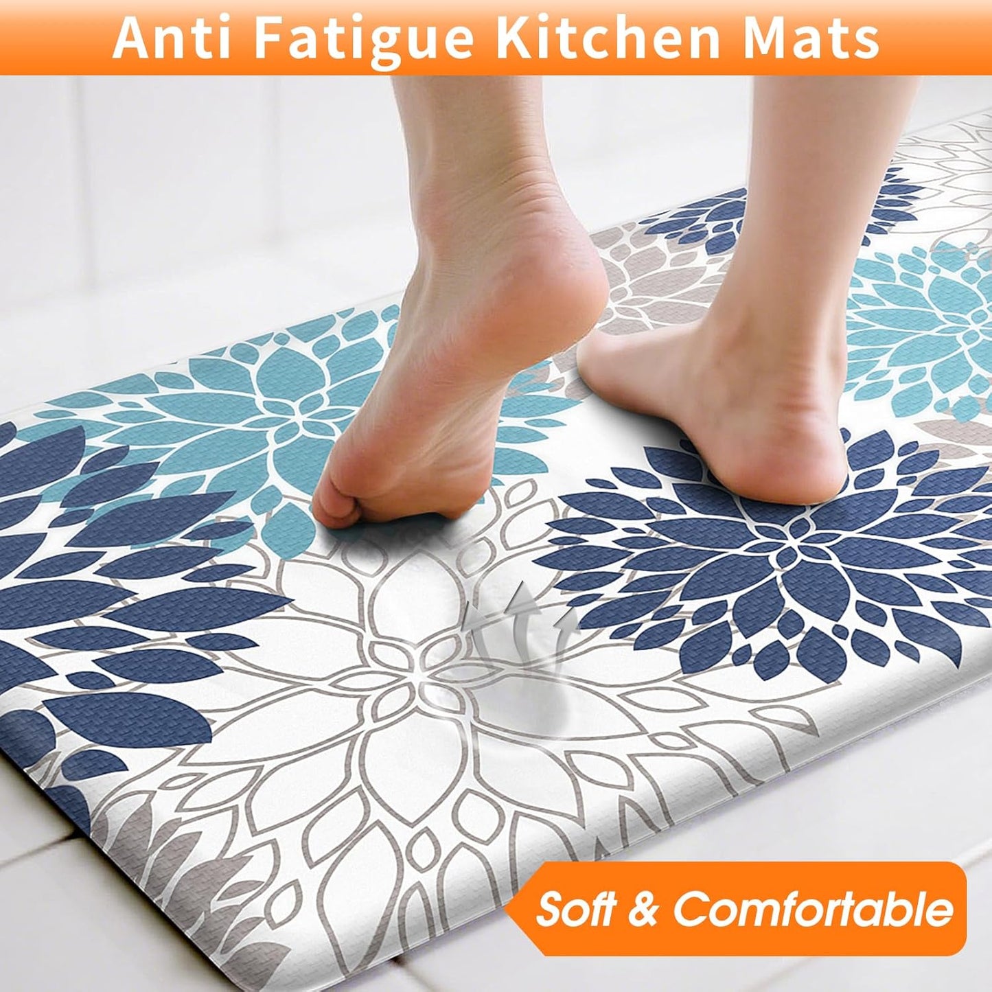 Kitchen Anti-Fatigue Floor Mat Set of 2 — 17.3"x30" & 17.3"x47" Floral Pattern Cushioned Non-Slip Rugs for Kitchen, Bathroom, Laundry Room, Hallway