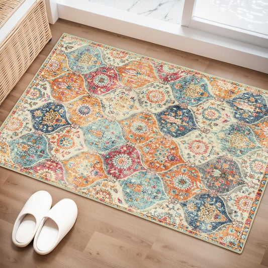 Vintage Patchwork Non-Slip Rug 2'×3' (60×90cm) Rectangular Absorbent Quick-Dry Floor Mat for Entryway, Bathroom, Living Room, Kitchen